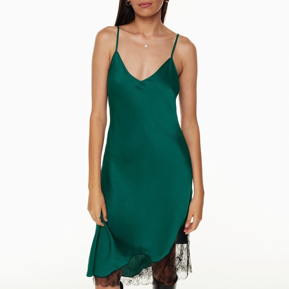 Aritzia Wilfred Sonnet Satin Dress Adventurine Green / Black Lace - Size XXS